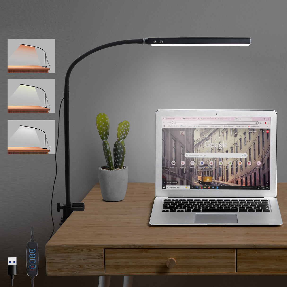 Isomars Desktop Table lamp, Overhead LED Desk Lamp Light, Table Holding clamp, Study, Computer lamp, 12" Light bar Flexible Gooseneck, 3 Color Mode, for Desktop, Bedroom, Office, Reading, etc