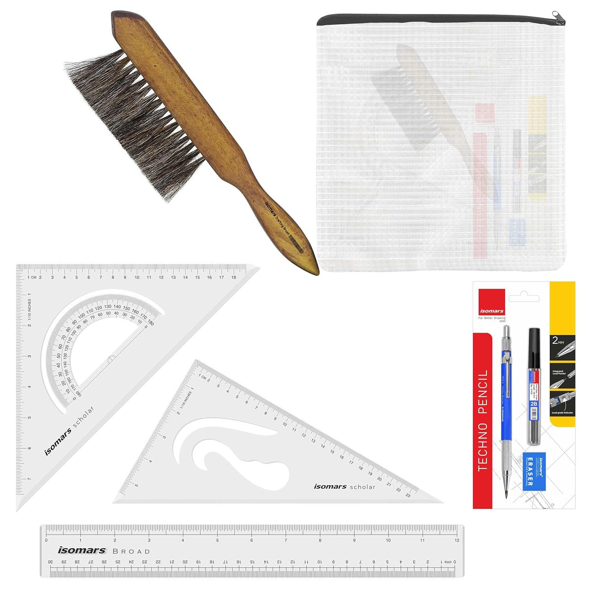 Isomars Student Drafting Kit – 6 - Piece Engineering Drawing Set with Compass, Scale, Set Squares, Protractor & Protective Carry Pouch – Ideal for Architecture & Engineering Students - DSS-E