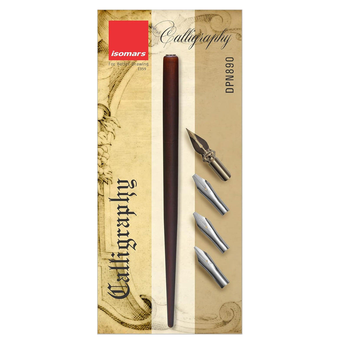 Isomars Wooden Calligraphy Pen Holder Set with 4 Professional Nibs for calligraphy, lettering, sketching and artistic writing