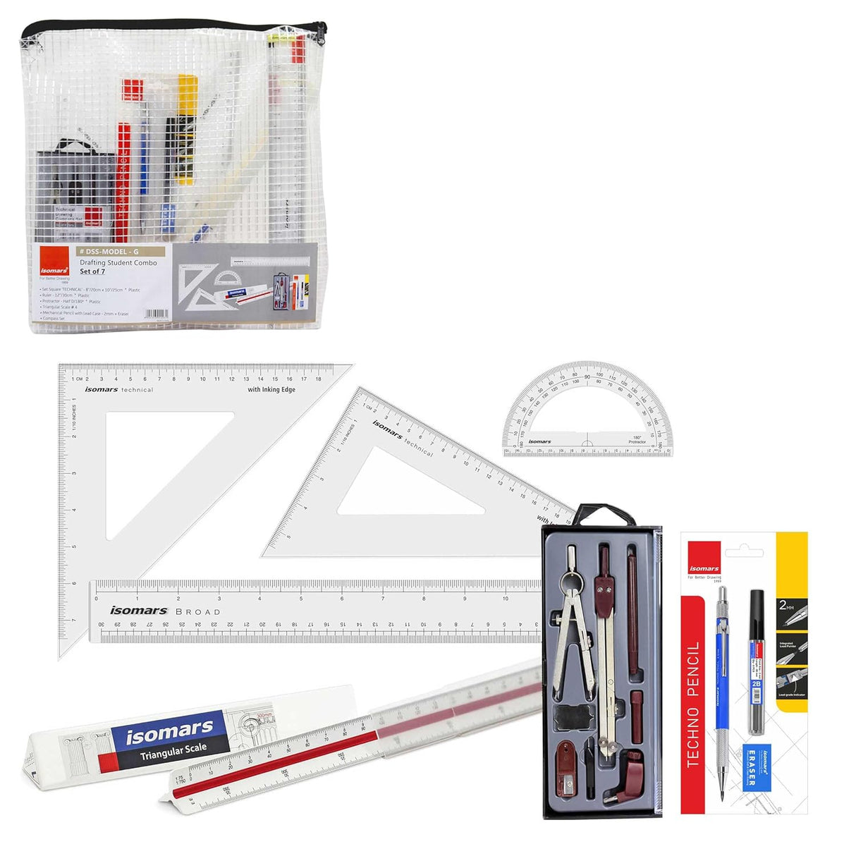 Isomars Student Drafting Kit – 7-Piece Engineering Drawing Set with Compass, Scale, Set Squares, Protractor & Protective Carry Pouch – Ideal for Architecture & Engineering Students