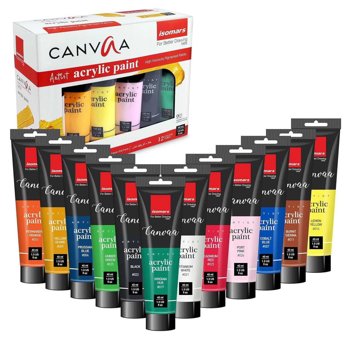 Isomars CANVAA Acrylic Paints - (40ml) - Set of 12 Vibrant Pigminted & Fadeproof Colours 4 - ARTIST SERIES - For Canvas Painting, Scrap Book, Paper Board, Wood & Terracotta