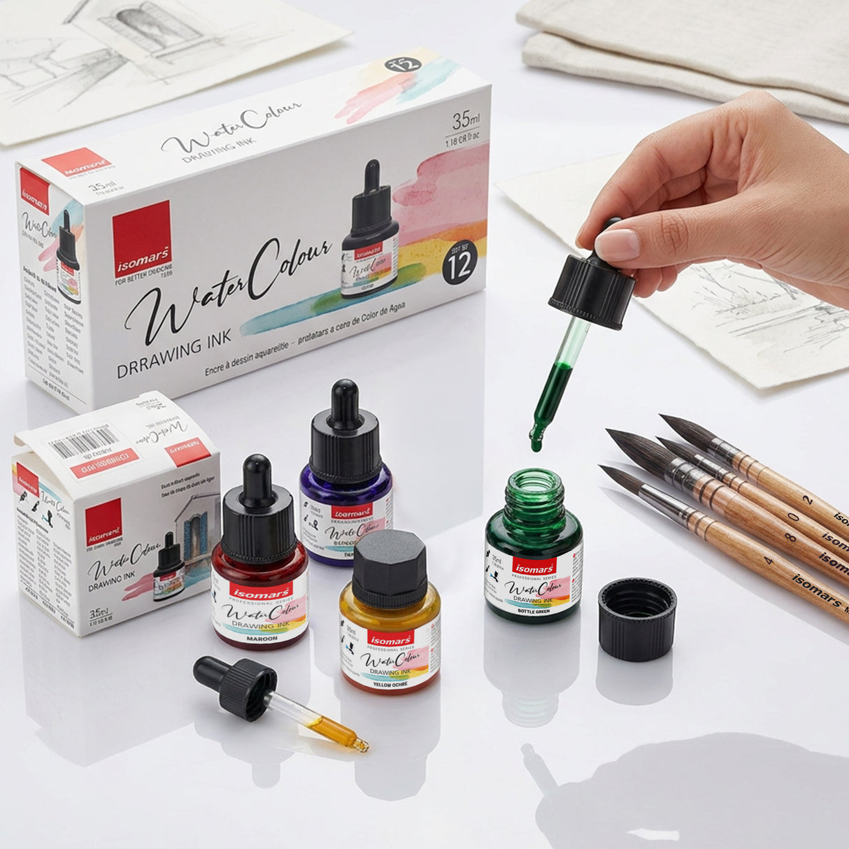 Isomars Watercolour Drawing Ink Set of 12 (35ml Each) with Mop Brush Set of 4 | Vibrant Liquid Watercolor Inks for Calligraphy, Illustration, Airbrush, Painting & Mixed Media Art