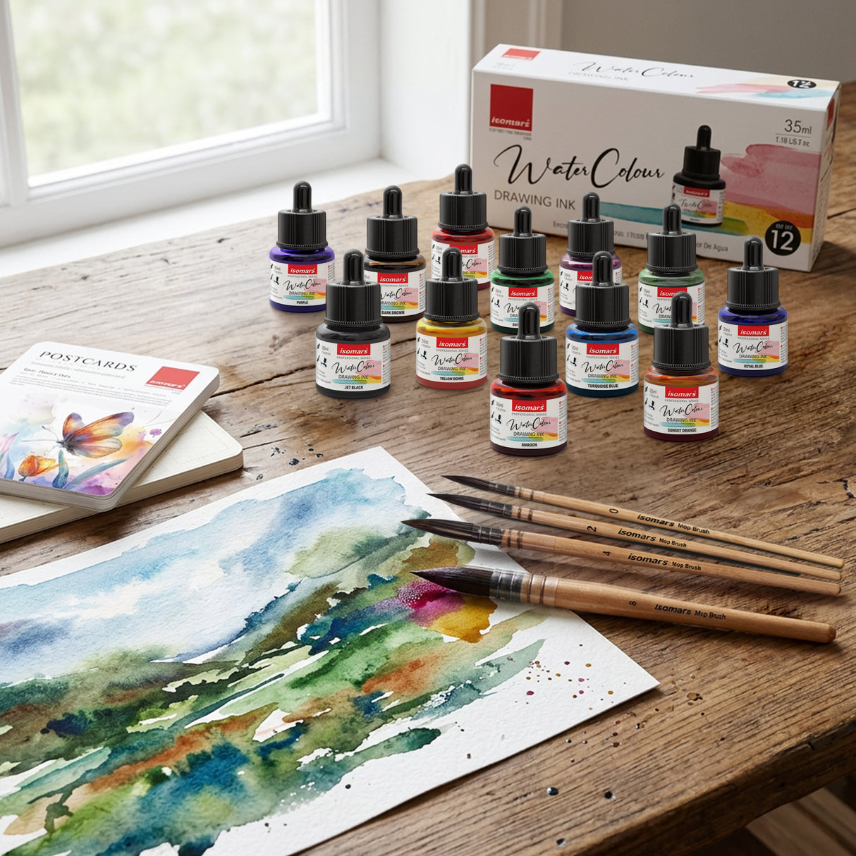 Isomars Watercolour Drawing Ink Set of 12 (35ml Each) with Mop Brush Set of 4 & Watercolor Postcards Set of 6 Sheets | Professional Liquid Watercolors for Painting, Calligraphy & Illustration