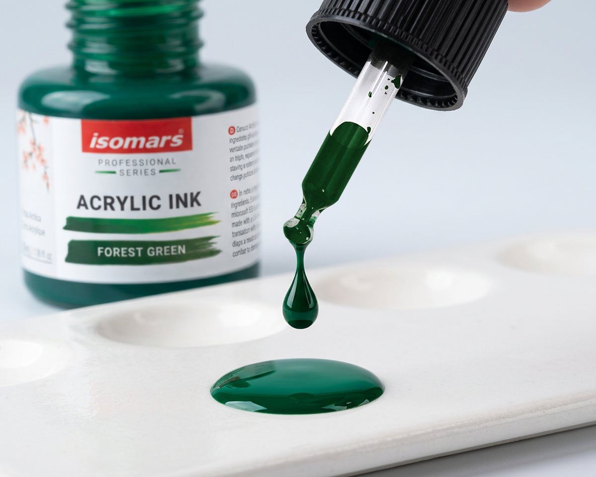 Isomars Professional Acrylic Ink Forest Green 35 ml, Waterproof Dropper