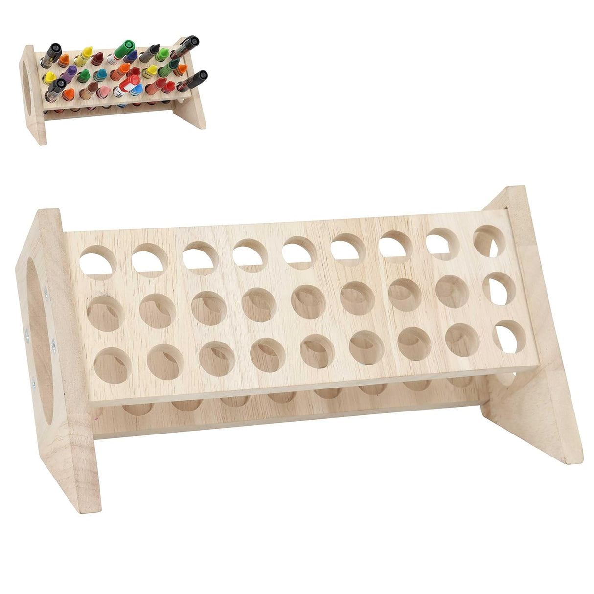 Isomars Wooden Marker, Crayon & Pen Stand – 27-Hole Organizer Rack (26 x 7.5 cm) – Ideal for Artists, Students & Hobbyists