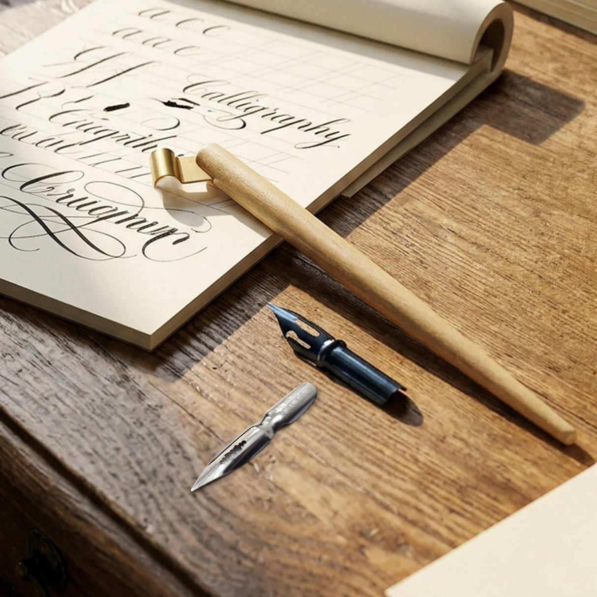 Isomars Oblique Wooden Calligraphy Holder with brass flange, English flex nib & mapping nib for elegant calligraphy and fine lettering