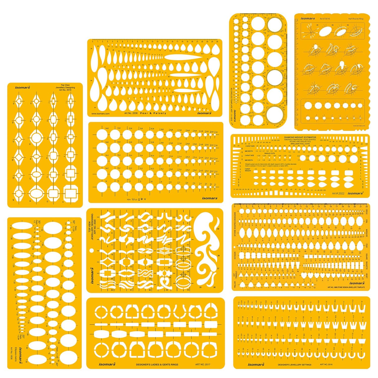 Isomars Jewellery Design Drawing & Drafting Template | Jewellery Stencil Combo - Set of 11 | Comes with Protective Canvas Cloth Cover