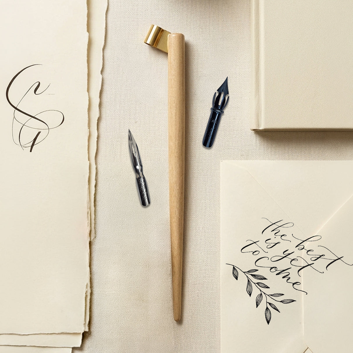 Isomars Oblique Wooden Calligraphy Holder with brass flange, English flex nib & mapping nib for elegant calligraphy and fine lettering