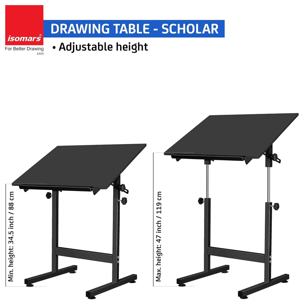 Isomars Drawing & Drafting Table - Scholar | with A1 25.5x35 Inch Size Black Laminated Board | Adjustable Height & Angle | Ideal for Engineers, Architects, Draftsmen, Designers Etc.