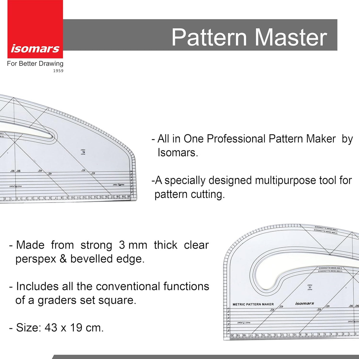 Isomars Pattern Master Combo (Clear) | Quilting/Tailoring Rulers for Fashion Designing