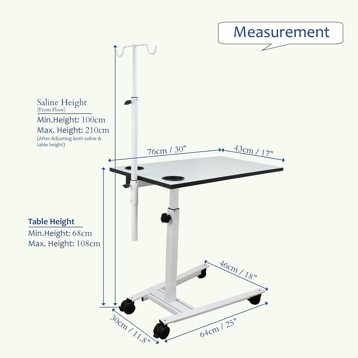 Isomars Overbed Table with Saline Stand | Adjustable Bedside Table with Wheels | Adjustable Height | Hospital Bedside Table with Lockable Wheels Best for Breakfast in Hospital and Home.