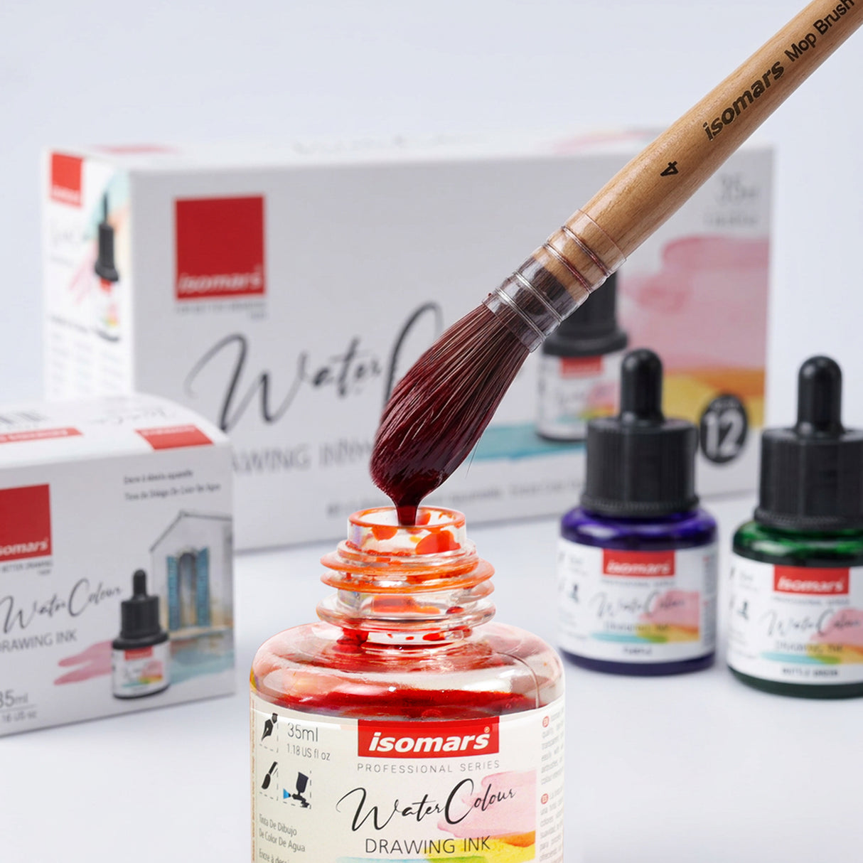 Isomars Watercolour Drawing Ink Set of 12 (35ml Each) with Mop Brush Set of 4 | Vibrant Liquid Watercolor Inks for Calligraphy, Illustration, Airbrush, Painting & Mixed Media Art