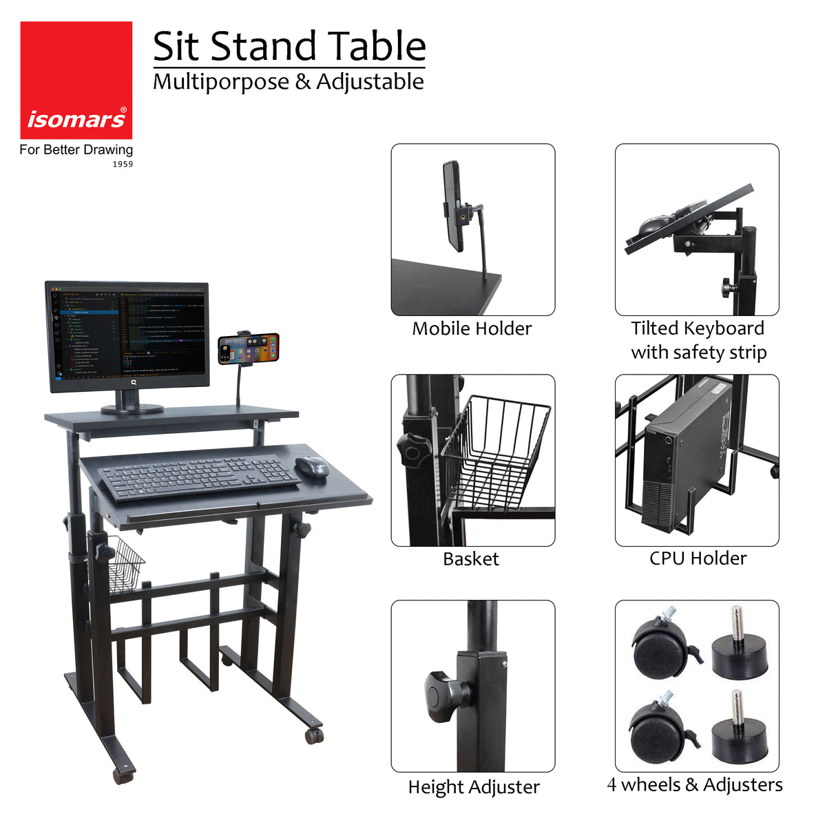 Isomars 24"/61cm Wide Made In India Desktop & Laptop Multipurpose Adjustable Table & Computer Workstation - Useful for Using Gadgets Like Desktop, Laptop etc (Black)