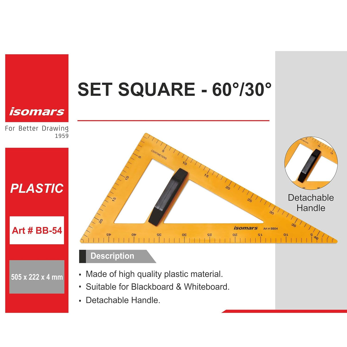 Isomars Teacher's Set Square | 60/30 Degrees | Extra Large Size for Blackboard/Whiteboard | With Detachable Handle