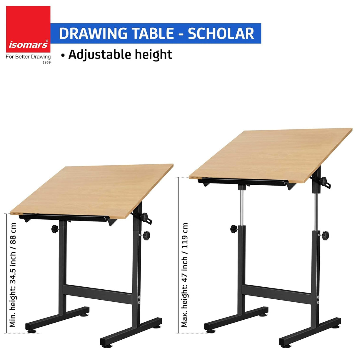 Isomars Drawing Drafting Board Table - Scholar Adjustable Height & Angle with Beachwood Texture Laminated Plain Board 25.5"x35"