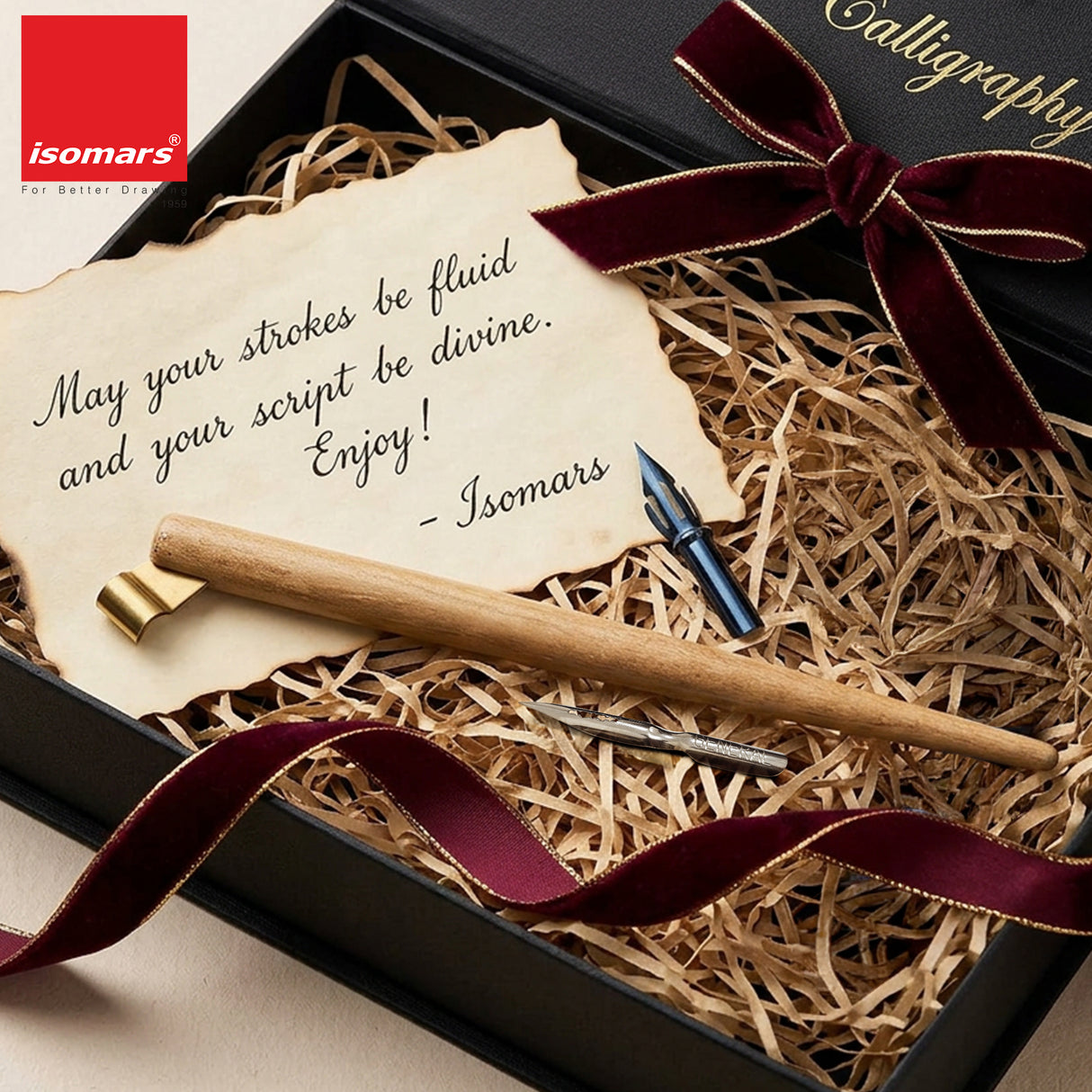 Isomars Oblique Wooden Calligraphy Holder with brass flange, English flex nib & mapping nib for elegant calligraphy and fine lettering