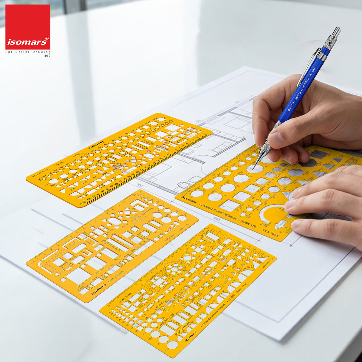 Isomars Designing Templates Combo Set of 11 | Architectural, Engineering & Interior Design Drafting Templates with Broad Scale Ruler for Technical Drawing, CAD Sketching & Planning