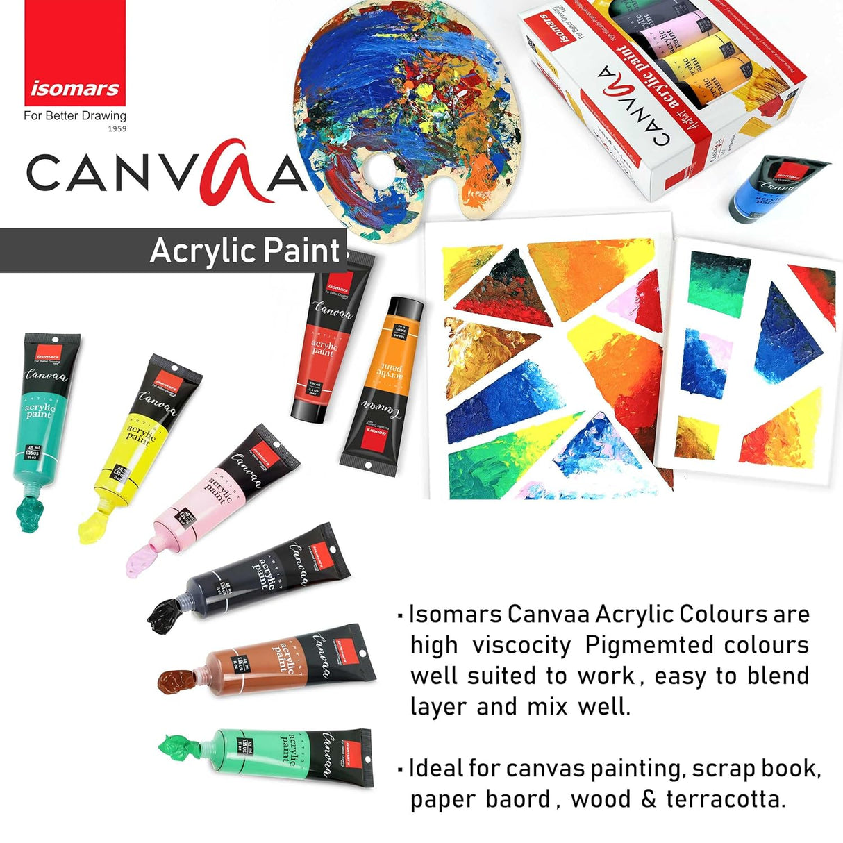 Isomars CANVAA Acrylic Paints - (40ml) - Set of 12 Vibrant Pigminted & Fadeproof Colours 4 - ARTIST SERIES - For Canvas Painting, Scrap Book, Paper Board, Wood & Terracotta