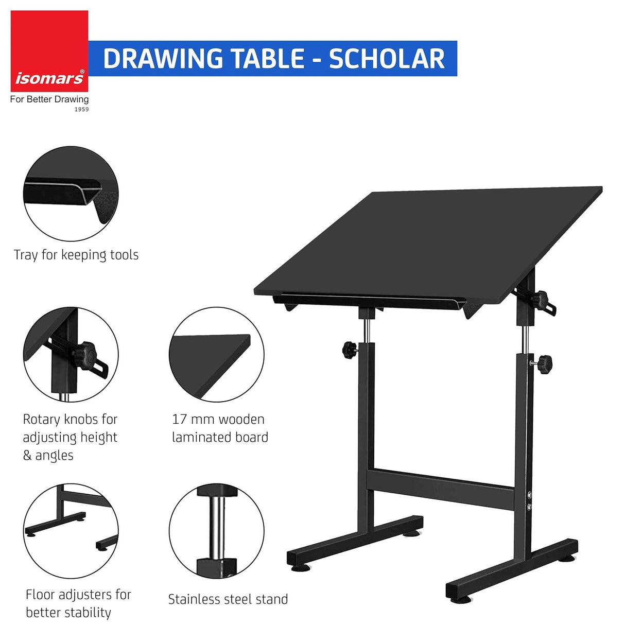 Isomars Drawing & Drafting Table - Scholar | with A1 25.5x35 Inch Size Black Laminated Board | Adjustable Height & Angle | Ideal for Engineers, Architects, Draftsmen, Designers Etc.
