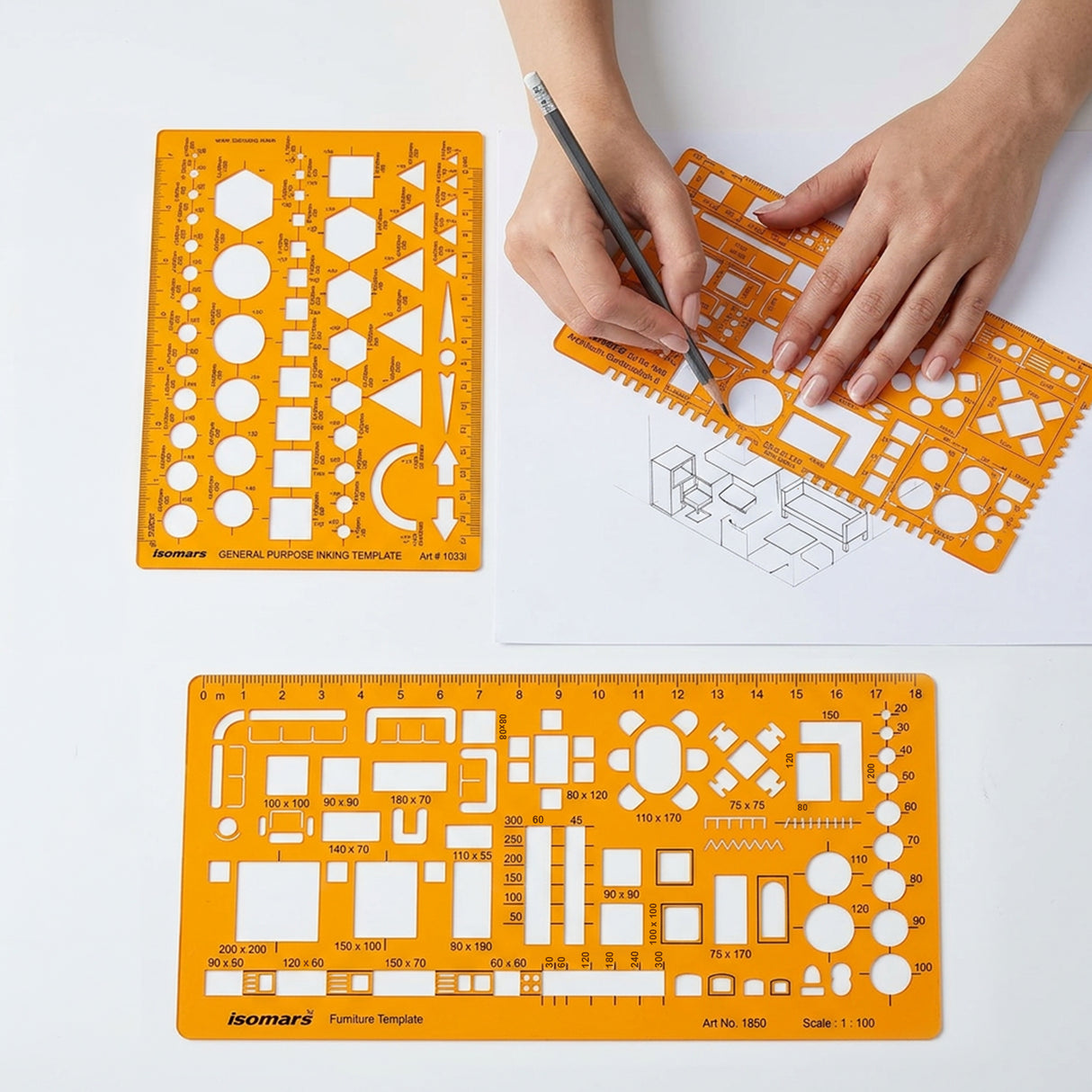 Isomars Designing Templates Combo Set of 8 | Engineering, Architecture & Interior Design Drafting Stencil Kit with General Purpose Template, Furniture, Electrical & Geometric Templates for Drawing & Drafting