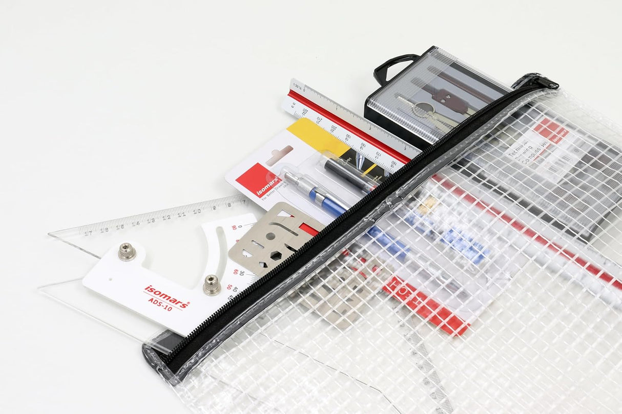 Isomars Student Drafting Kit – 5-Piece Engineering Drawing Set with Compass, Scale, Set Squares, Protractor & Protective Carry Pouch – Ideal for Architecture & Engineering Students - Model F