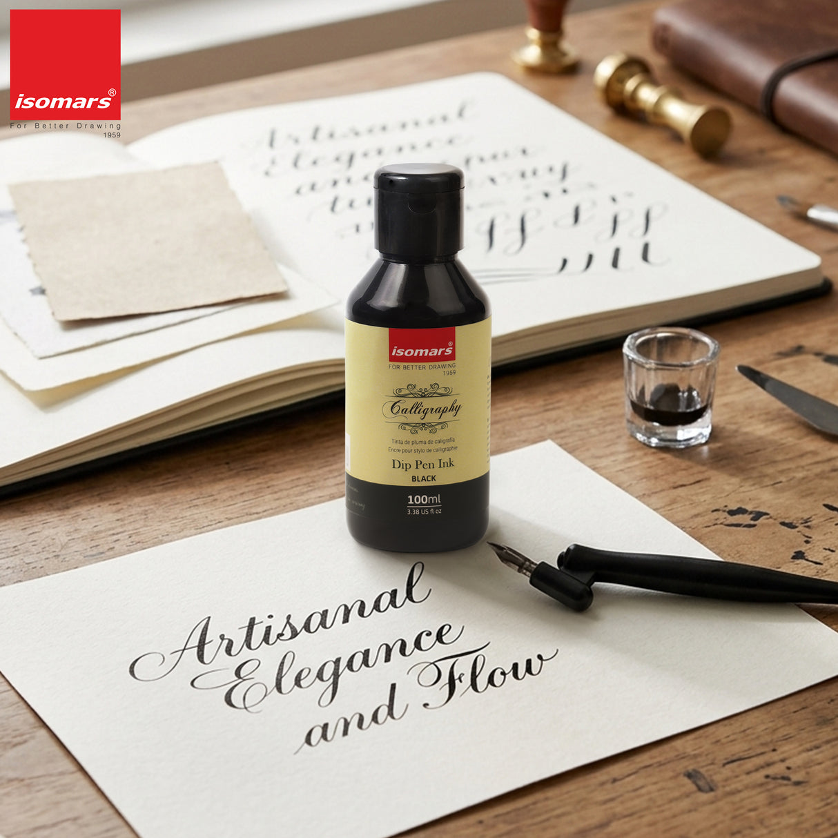 ISOMARS Calligraphy Dip Pen Ink Black, 100ml, Rich Pigmented Ink