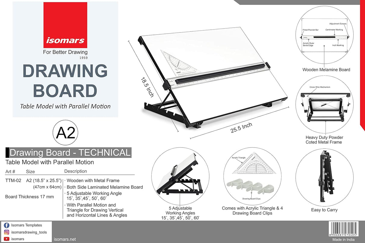 Isomars A2 Drawing Board Table Model Kit (Set of 10 Items) - Comes with 18.5" x 25" Drawing & Drafting Board Ideal for Architects, Engineers, Designers & Artists Students and Professionals