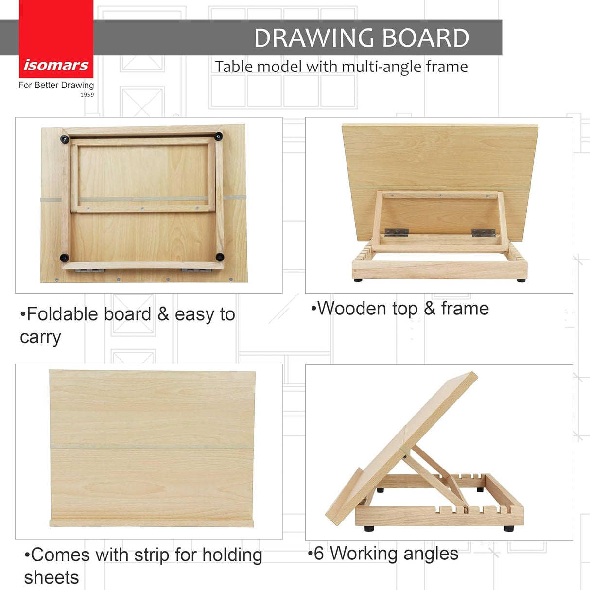 Isomars Drawing Board - Table Model - with 6 Different Working Angles - Drawing & Drafting Board with Elastic Support - A2