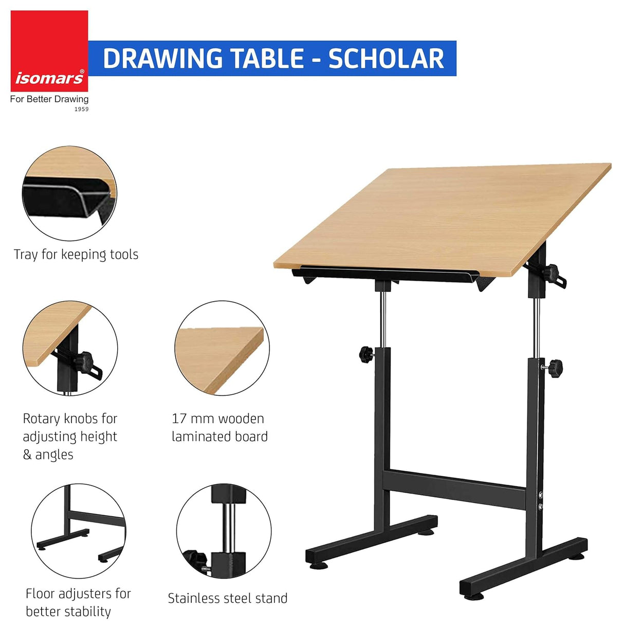 Isomars Drafting Table - Scholar with 25.5"x35" A1 Size Both Sides Laminated Beachwood Board with Drafting Stool | Ergonomic & Fully Adjustable Set for Engineers, Architects, Designers & Draftsmen
