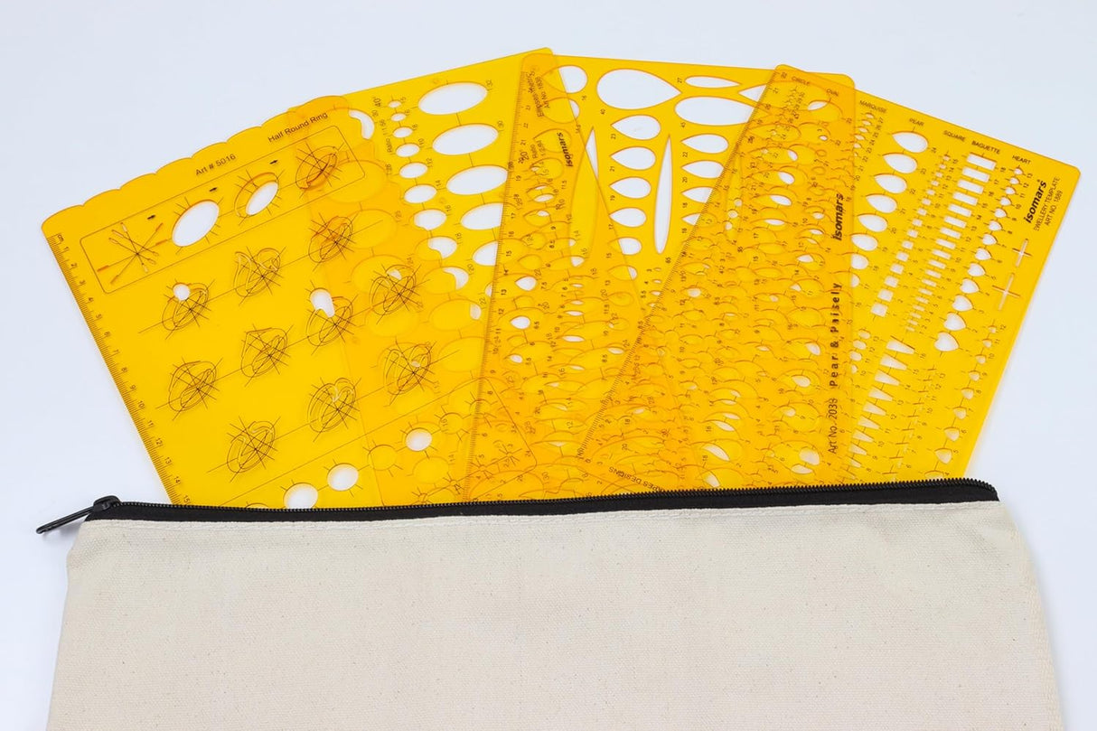 Isomars Jewellery Design Drawing & Drafting Template | Jewellery Stencil Combo - Set of 11 | Comes with Protective Canvas Cloth Cover