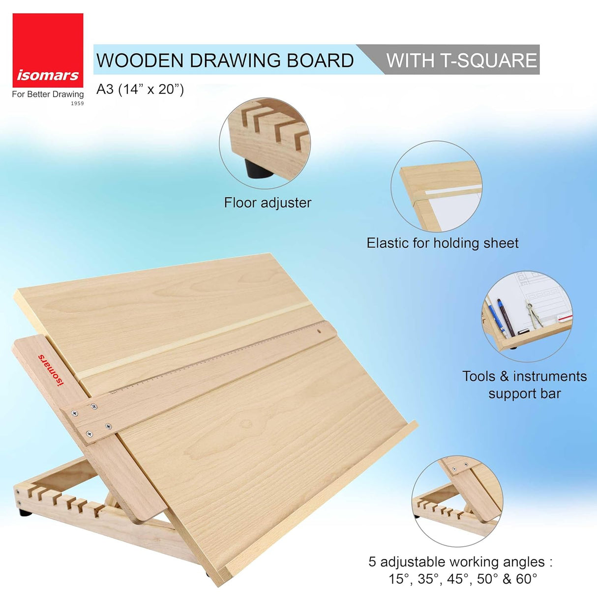 Isomars Wooden Board 14" x 20" with Wooden T-Square Combo - Drawing & Drafting Board & Wooden T-Scale Combo for Architecture and Engineering