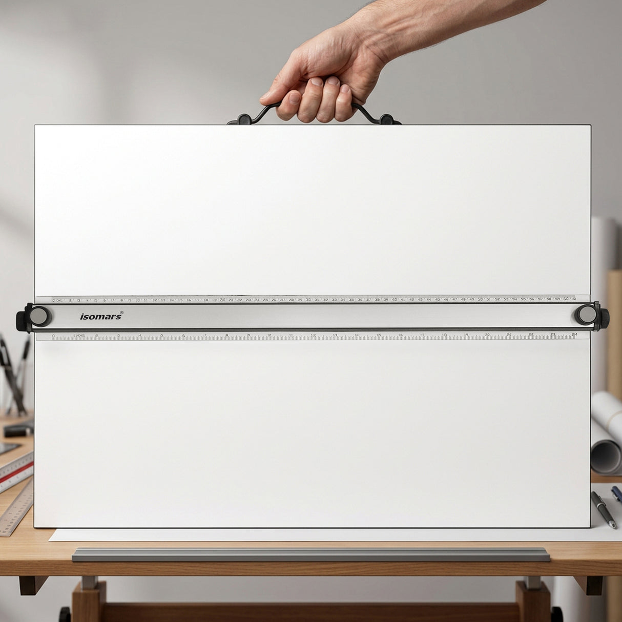 Isomars Professional drafting board with parallel ruler, foldable stand & carry handle for precise technical drawing