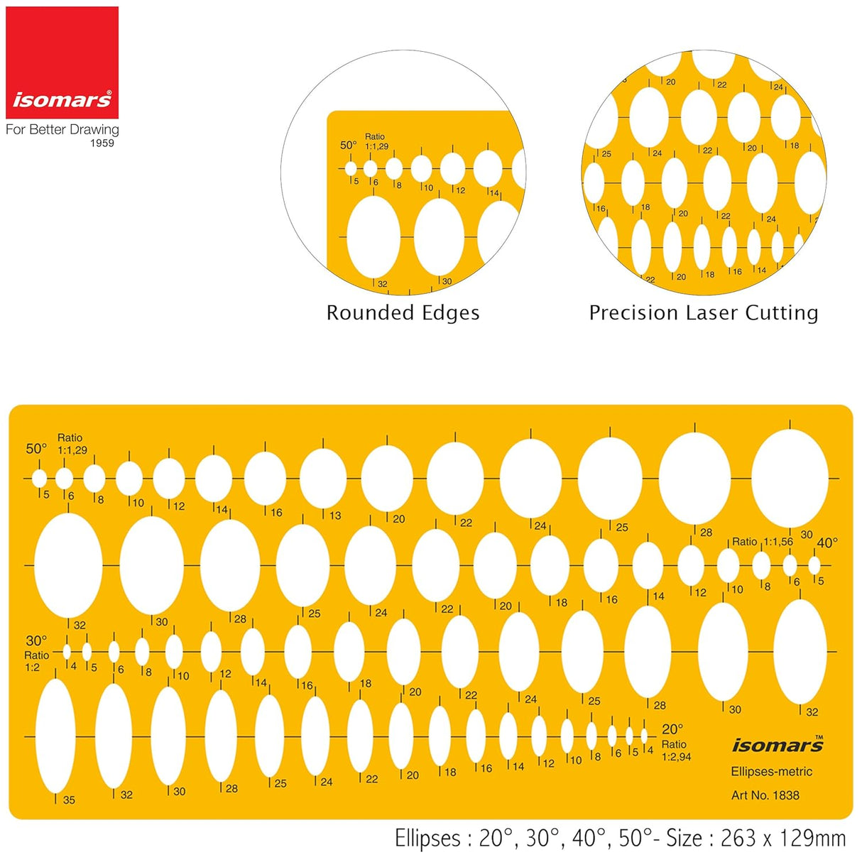 Isomars Ellipses - 20°,30°,40°,50° Shapes Figure Drawing Drafting Template