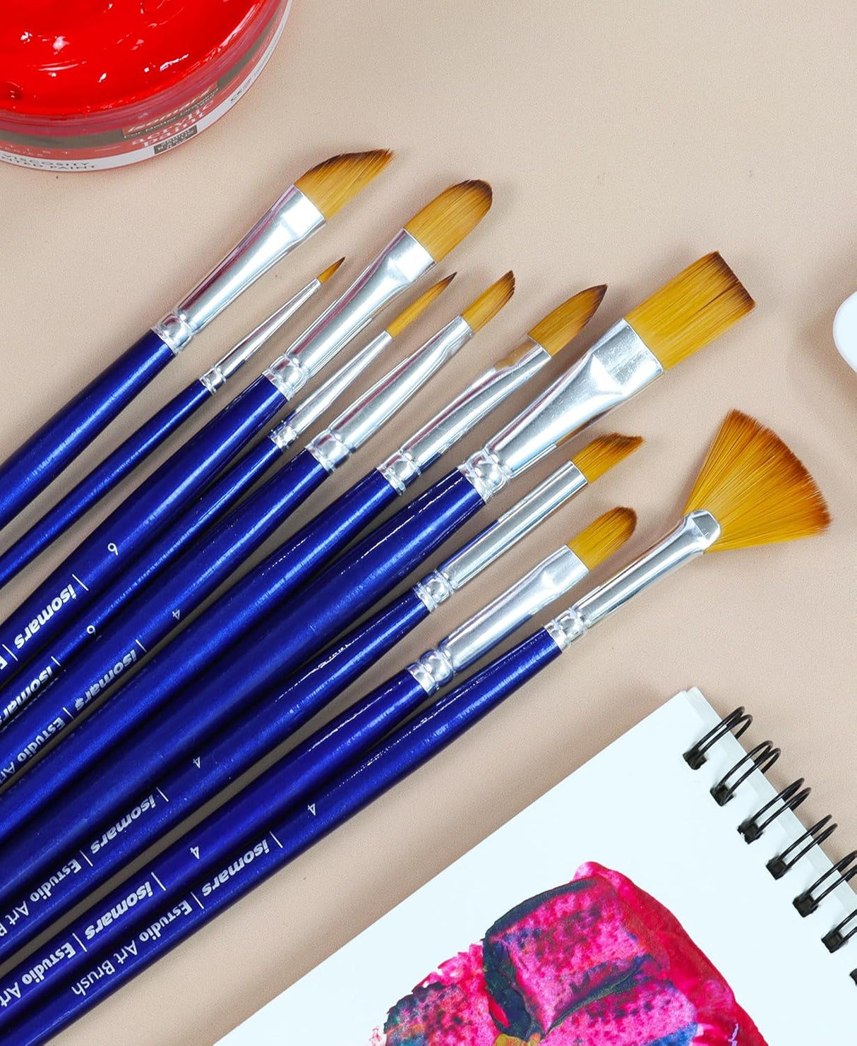 Isomars Estudio Professional Paint Brush Set of 10 – Premium Synthetic Artist Brushes for Acrylic, Watercolor & Oil Painting | Long Handle Art Brushes Kit