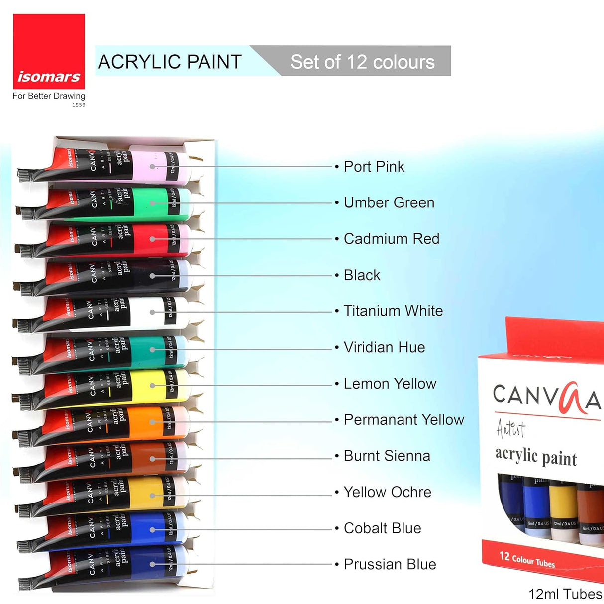 Isomars Acrylic Paint 12ml - Set of 12 Vibrant Pigminted & Fadeproof Colours 4 - Includes Round Canvaa Brush - Set of 4 ARTIST SERIES - For Canvas Painting, Scrap Book, Paper Board, Wood & Terracotta