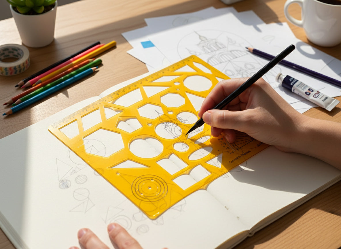 Isomars Geometric Shapes Drawing Template, Professional Drafting Tool with Protractor