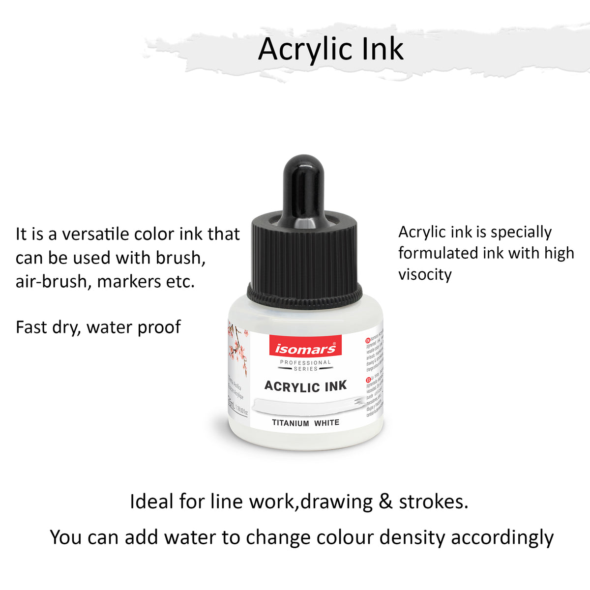 Isomars Acrylic Ink White 35ml with Dropper for Art & Drawing