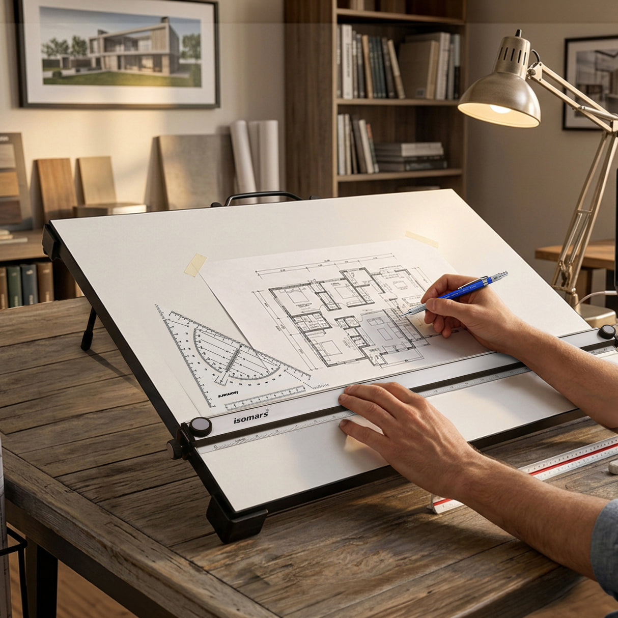 Isomars Professional drafting board with parallel ruler, foldable stand & carry handle for precise technical drawing