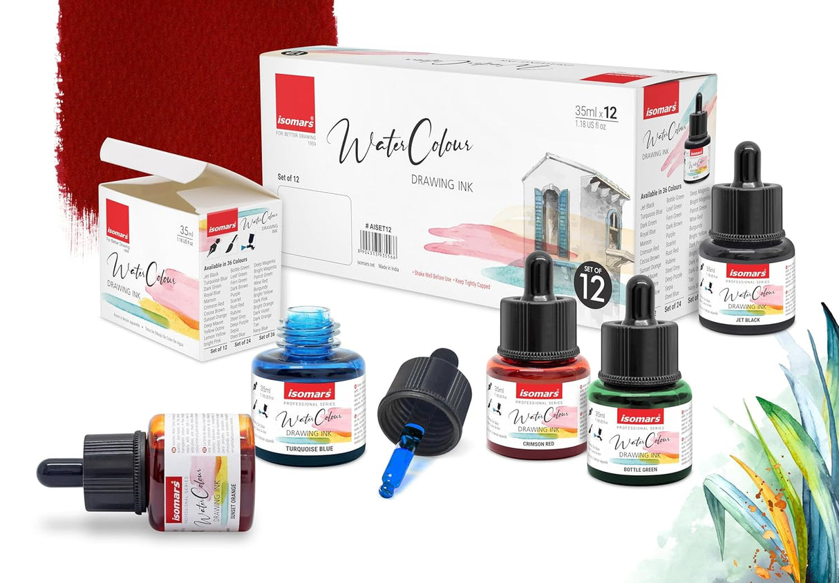 Isomars Water Color Ink Set of 12 Vibrant Professional Liquid Watercolors (35ml Bottles) with Droppers - Transparent Inks for Calligraphy, Illustration, Airbrushing & Painting