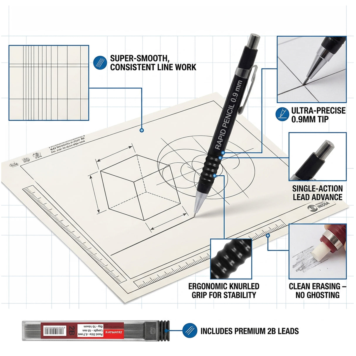 Isomars 0.9mm Mechanical Pencil with 10 Extra 2B Leads & Eraser | Rapid Drafting Pencil for Drawing, Sketching, Writing & Technical Drafting | For Students, Artists & Professionals