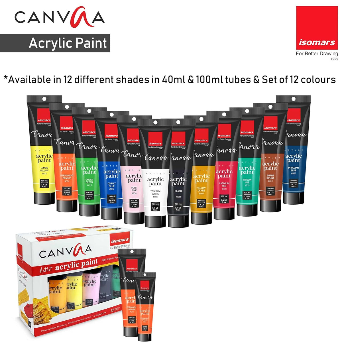 Isomars CANVAA Acrylic Paints - (40ml) - Set of 12 Vibrant Pigminted & Fadeproof Colours 4 - ARTIST SERIES - For Canvas Painting, Scrap Book, Paper Board, Wood & Terracotta