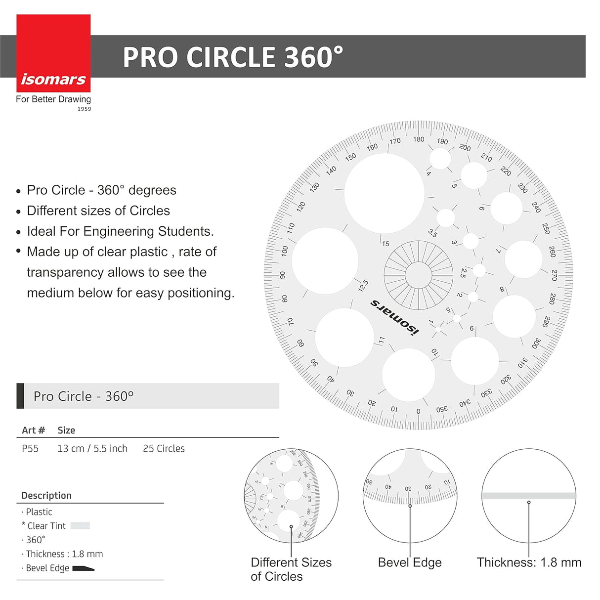 Isomars ProCircle, Protractors - 360 degree & 180 degree, with 12 inches / 30 CM Ruler