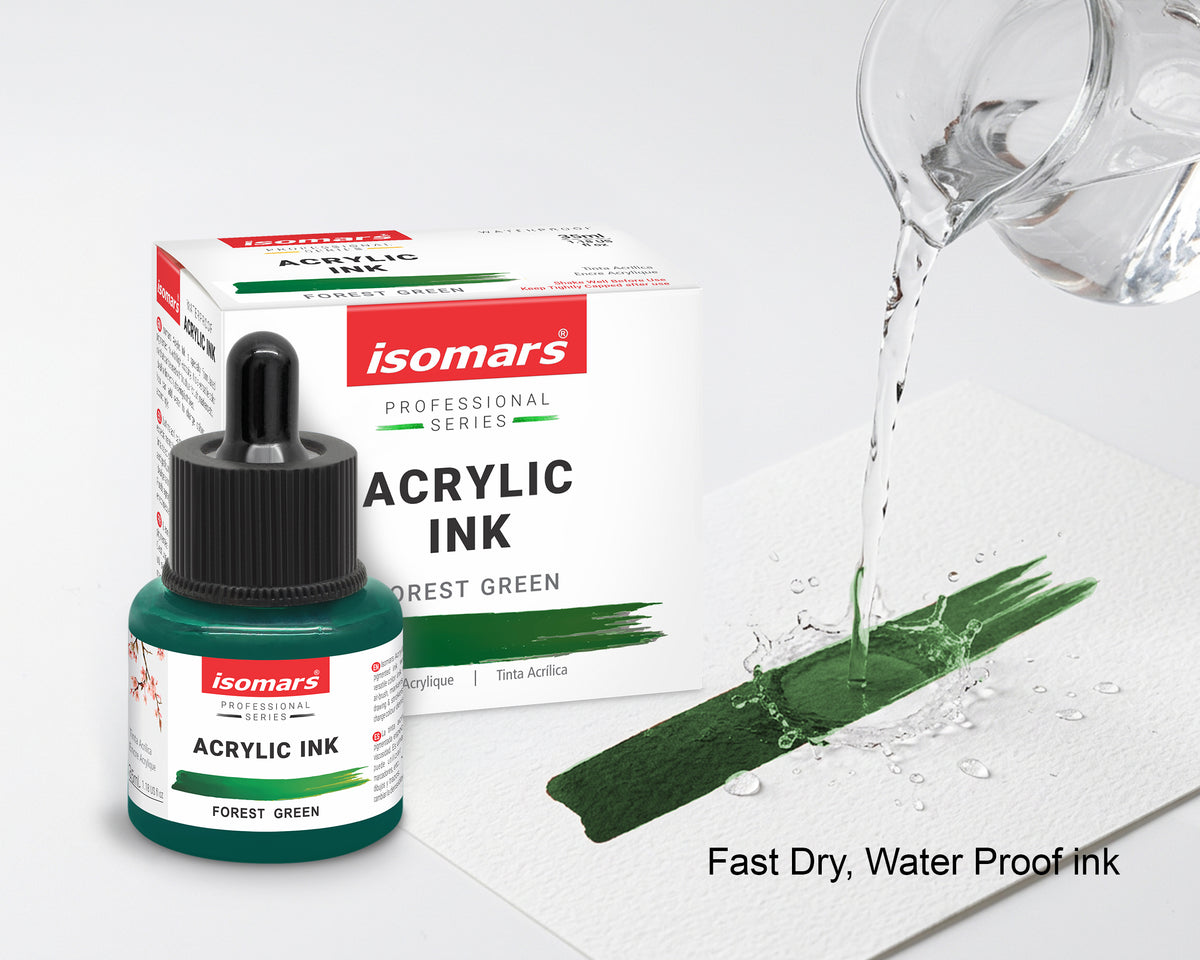 Isomars Professional Acrylic Ink Forest Green 35 ml, Waterproof Dropper