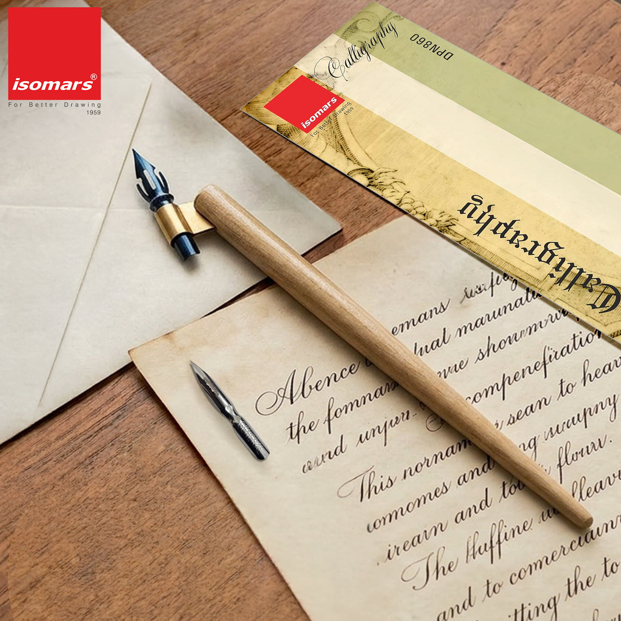Isomars Oblique Wooden Calligraphy Holder with brass flange, English flex nib & mapping nib for elegant calligraphy and fine lettering