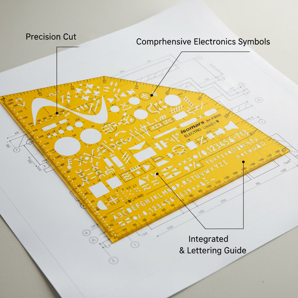 Isomars Electrical Drawing Template, Electro Stencil, Orange Plastic, 154x154mm