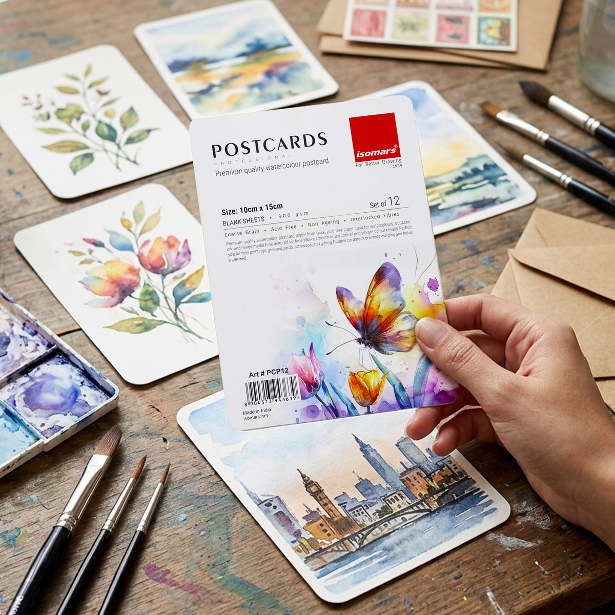 Isomars Watercolour Postcards 10x15cm, 300 GSM, Pack of 12