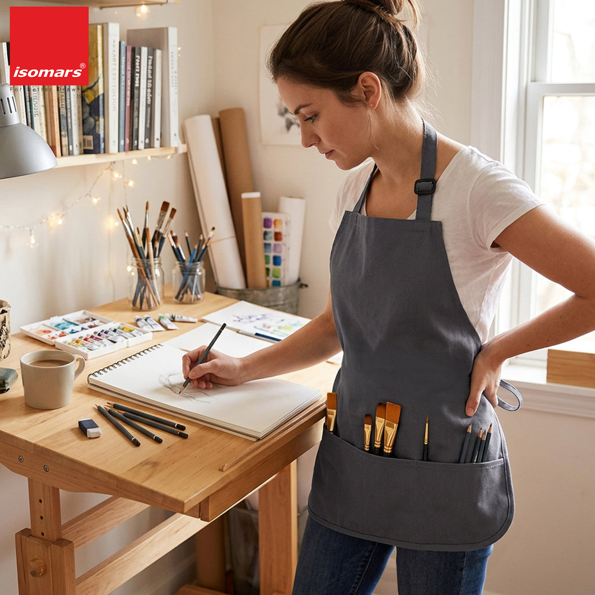 Isomars Canvas Painter's Apron with Adjustable Strap & Tool Pockets for brushes, tools, and art supplies