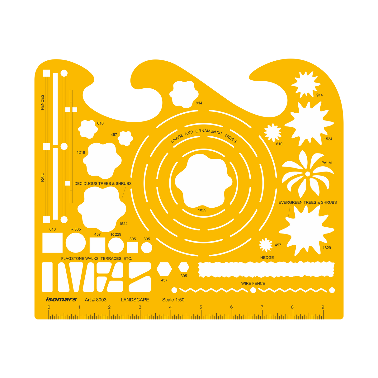 Isomars Landscape Design Template, Scale 1:50, Trees and Shrubs Stencil