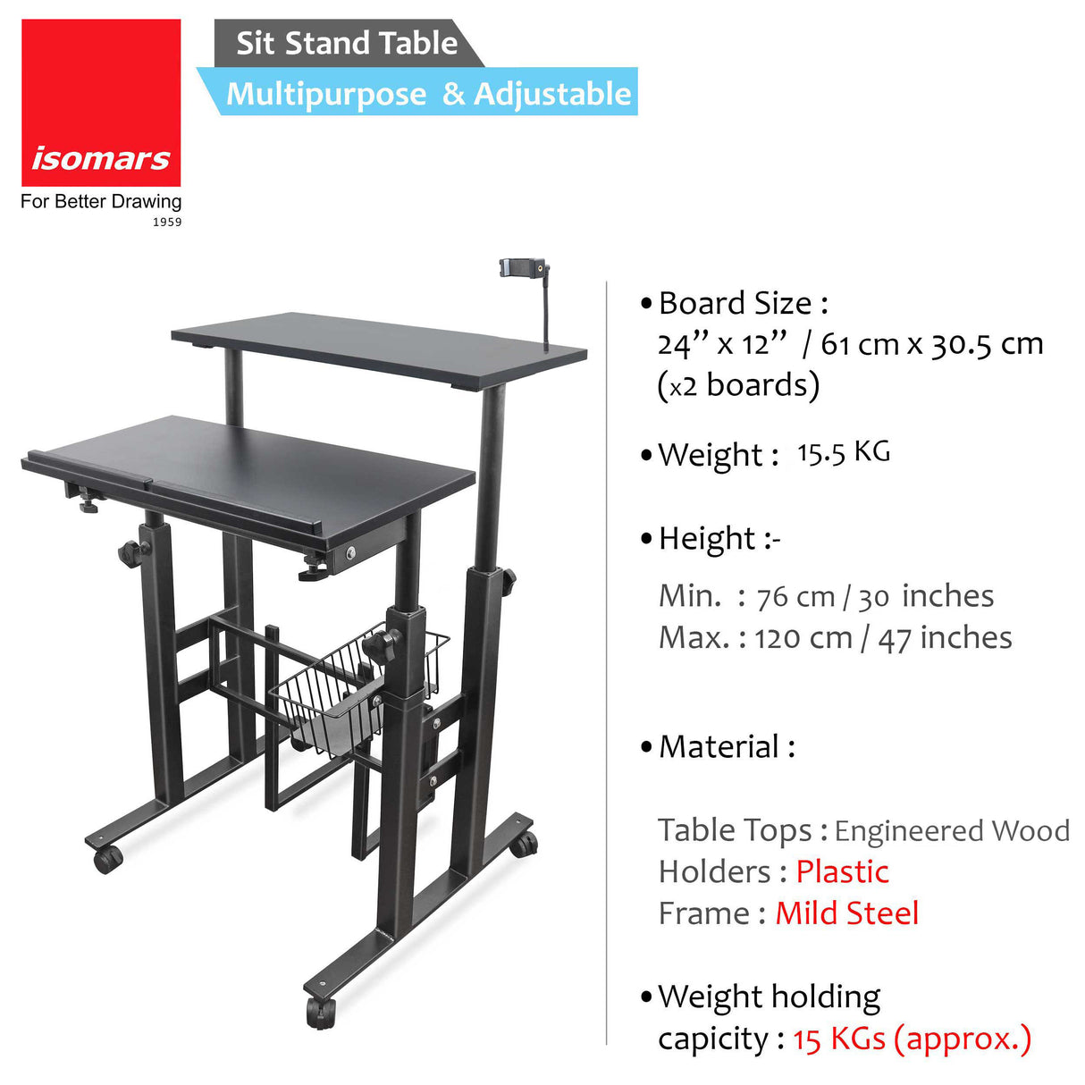 Isomars 24"/61cm Wide Made In India Desktop & Laptop Multipurpose Adjustable Table & Computer Workstation - Useful for Using Gadgets Like Desktop, Laptop etc (Black)