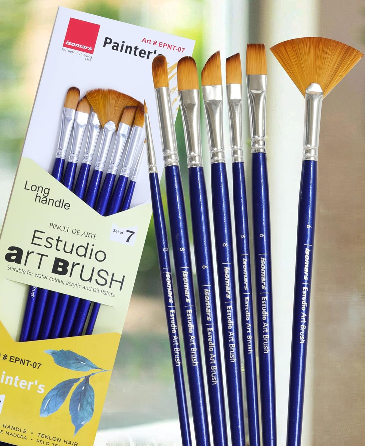 Isomars Estudio Painter’s Art Brush Set of 7 – Professional Synthetic Paint Brushes for Acrylic, Watercolor & Oil Painting | Long Handle Artist Brushes